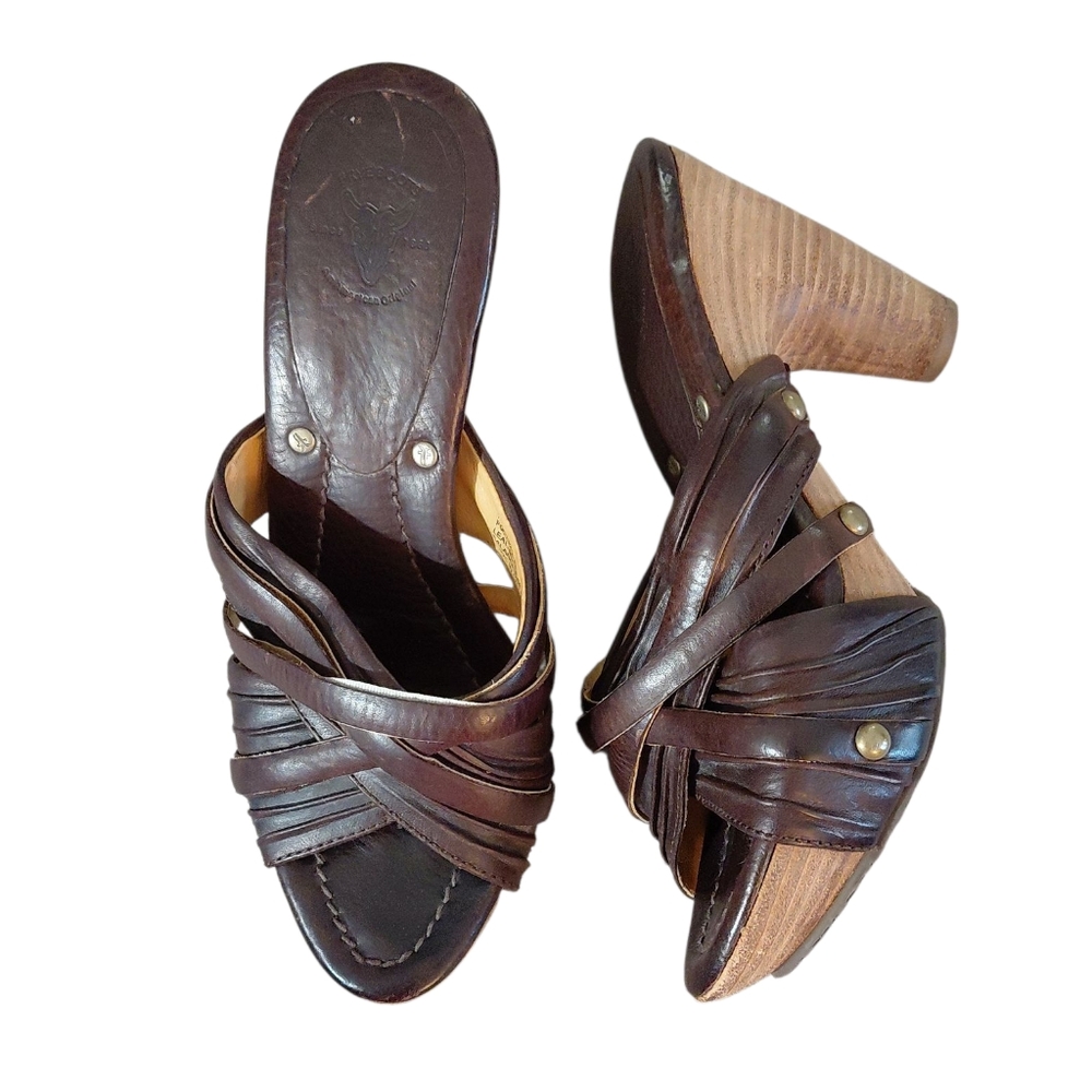 FRYE Reese Brown Leather Wooden Heel Mule Women's Strappy Brown Sandal Size 7.5